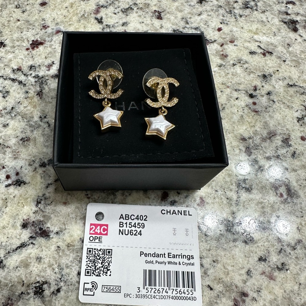 CHANEL Gold Star Pendant Earrings with Pearl Accent